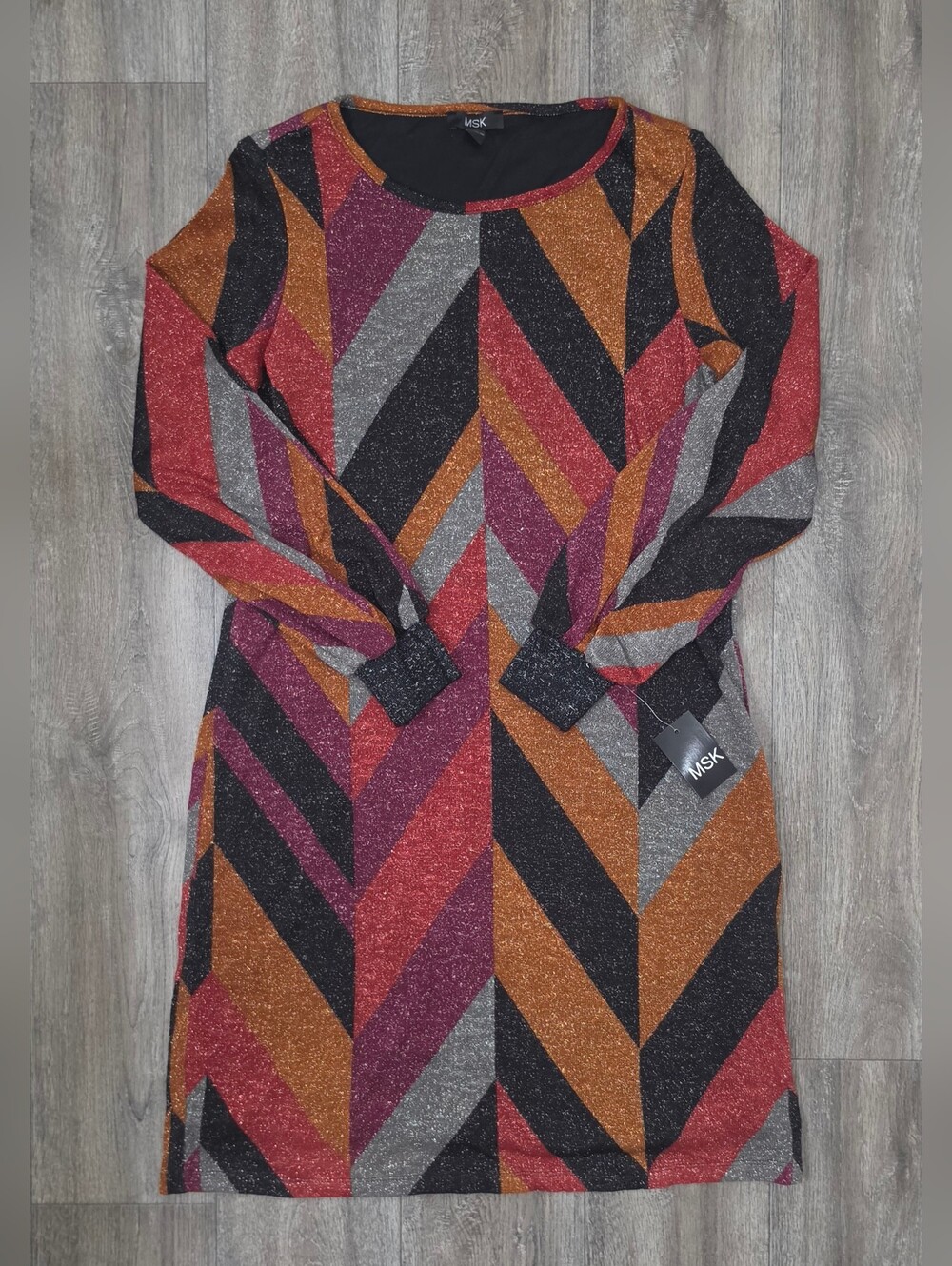 MSK Multicolor Metallic Chevron Long Sleeve Dress - Size Small *NWT*